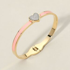 Pink CZ Stone Heart Stainless Steel Bangle Bracelet Jewelry Hinged